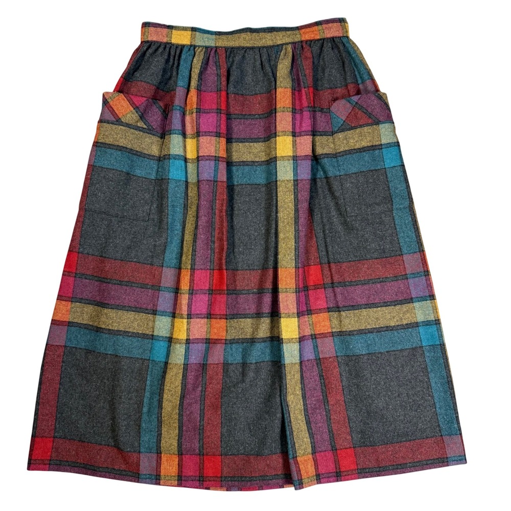 Vintage Dark Academia Mod Twee Plaid Wool Blend Midi Skirt Multi-Color Pockets - Picture 6 of 6